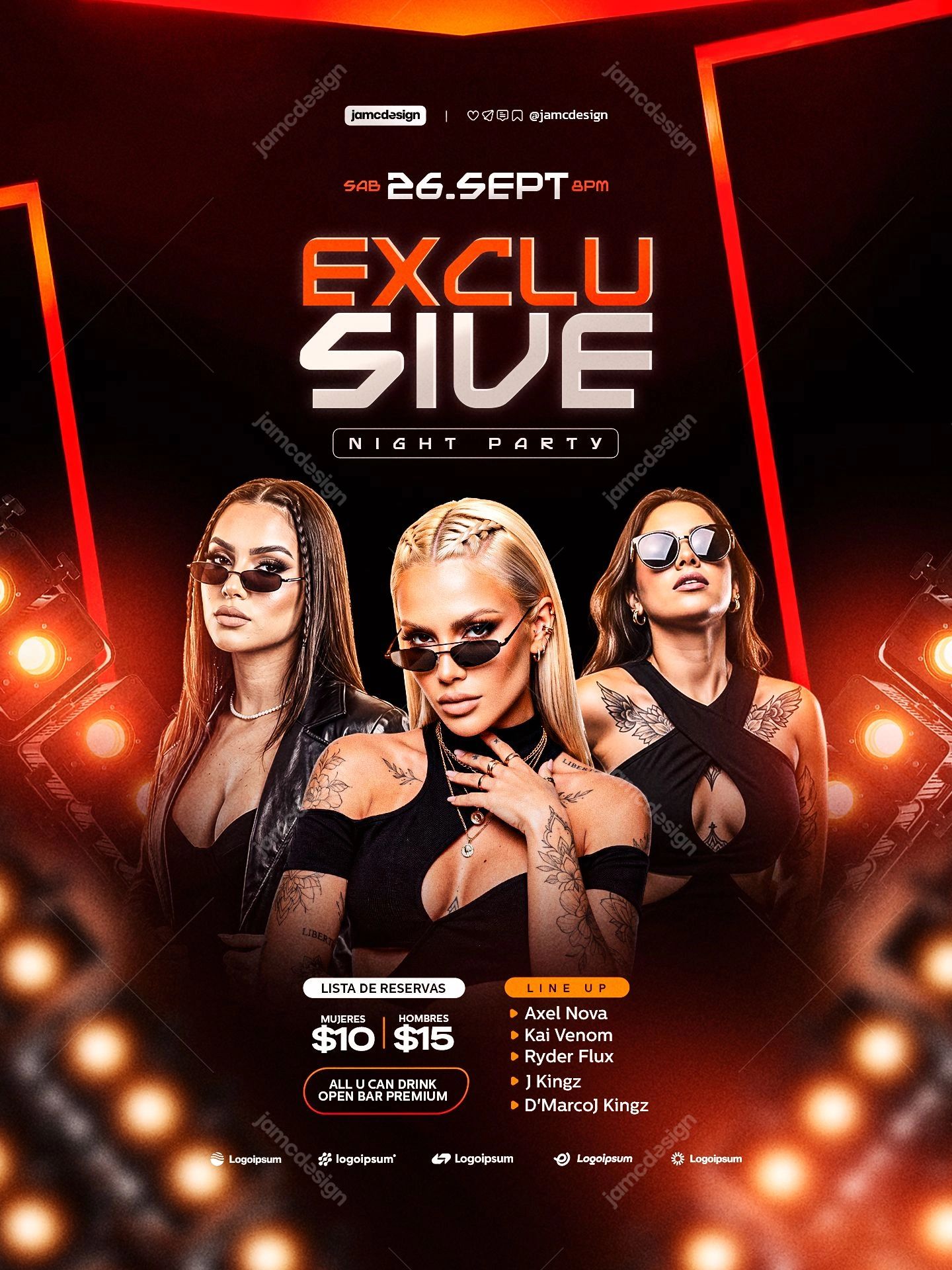 Exclusive Party Neon Women Portraits Flyer Template PSD. Editable PSD event flyer template featuring three women in a dark night party scene