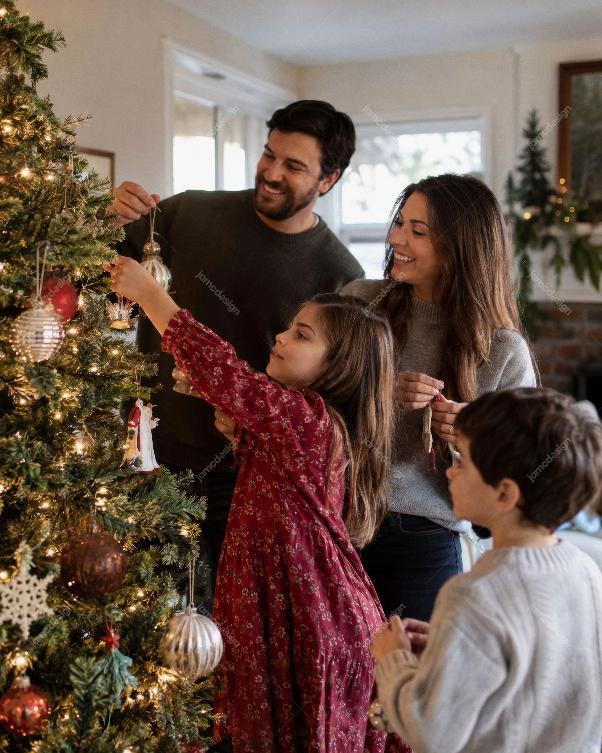 Familia Decorando Un Árbol De Navidad En Casa. Descarga esta foto JPG de una familia colocando adornos en un árbol de Navidad iluminado en casa