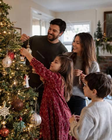 Family Decorating A Christmas Tree At Home