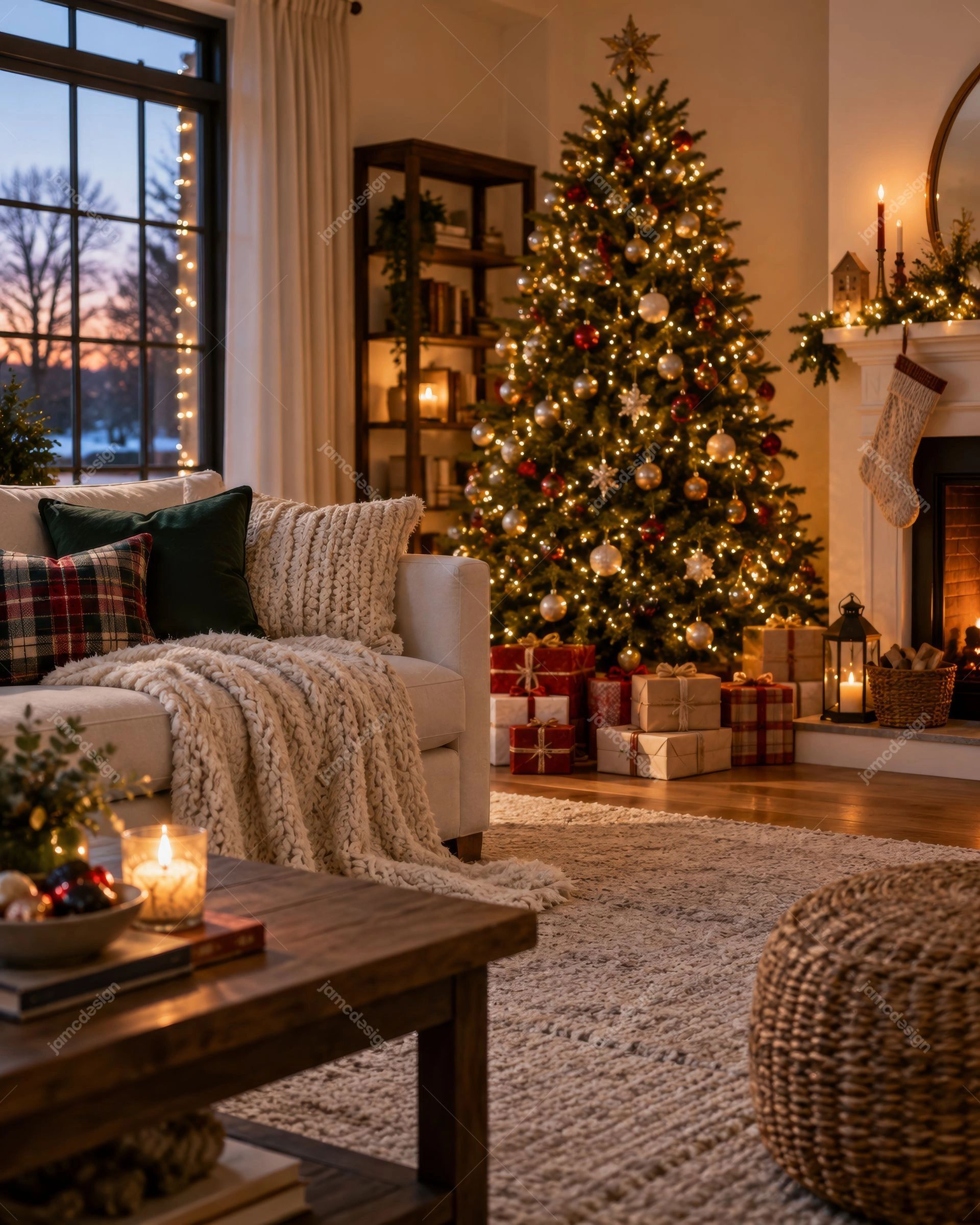Salon De Noël Chaleureux Avec Sapin Décoré. Téléchargez cette photo JPG d’un salon de Noël chaleureusement éclairé, avec un sapin décoré, des cadeaux emballés