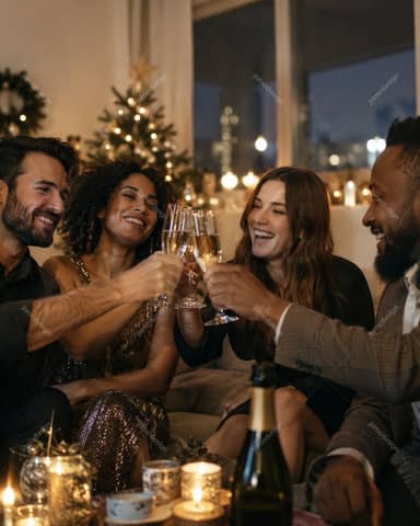Amigos Celebrando La Navidad Con Champán A La Luz De Las Velas