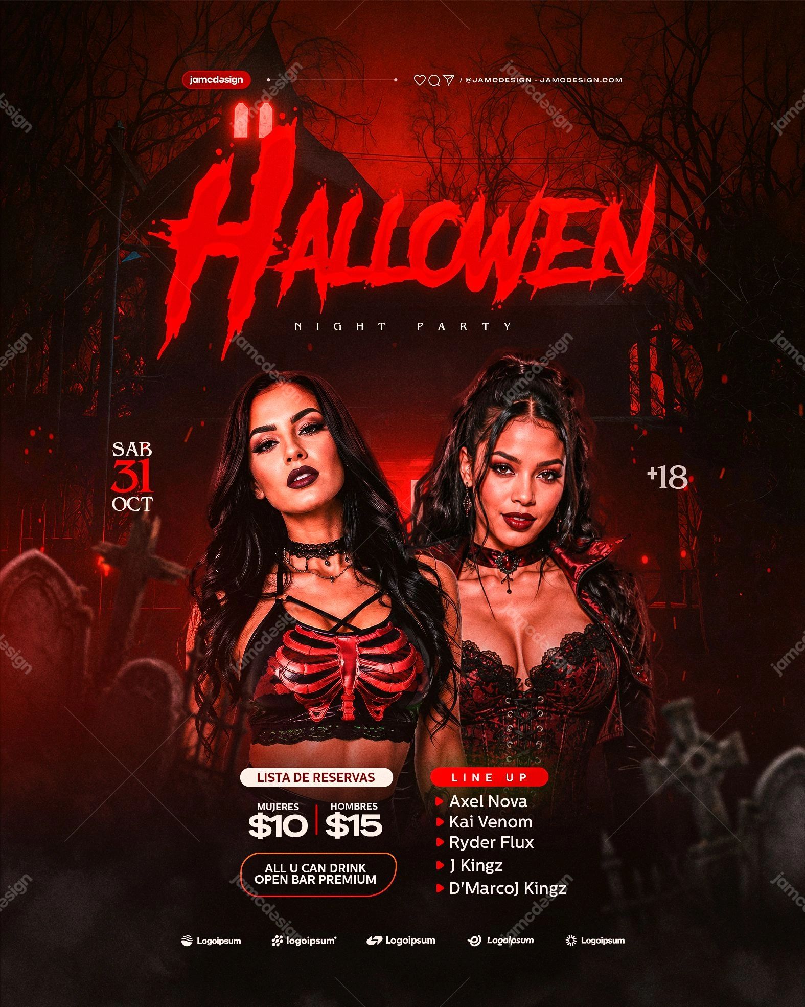 Red Halloween Party Flyer PSD Template Editable. Editable PSD template for a Halloween night party flyer