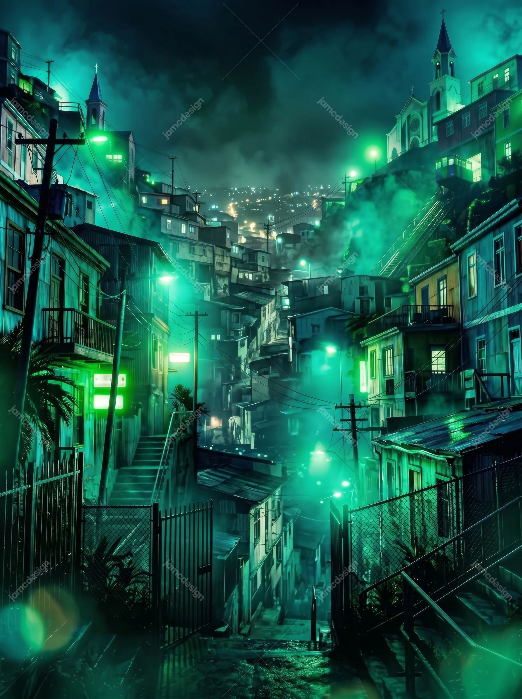 Teal Neon Fog Hillside Neighborhood Background. This JPG background depicts a densely built hillside neighborhood beneath teal neon fog, with narrow stairways