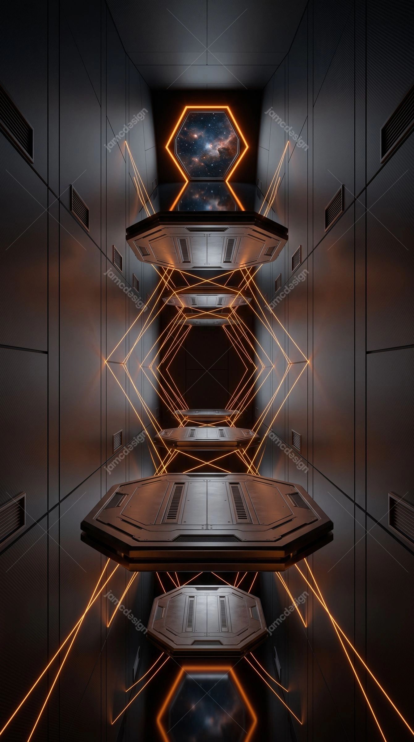 Orange Hexagon Sci-Fi Portal Corridor Background. Download this JPG sci fi corridor background showing a dark metallic passage with glowing orange geometric