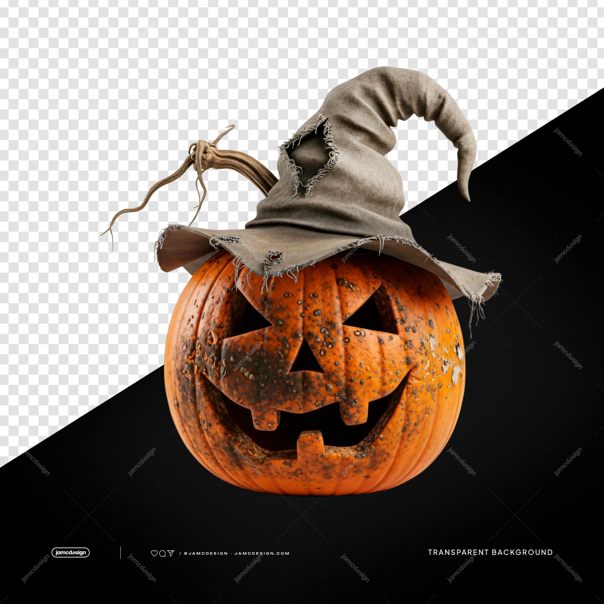 Gray Witch Hat Pumpkin Orange Jack O Lantern PNG Transparent. This PNG transparent object features a weathered orange jack o lantern pumpkin topped
