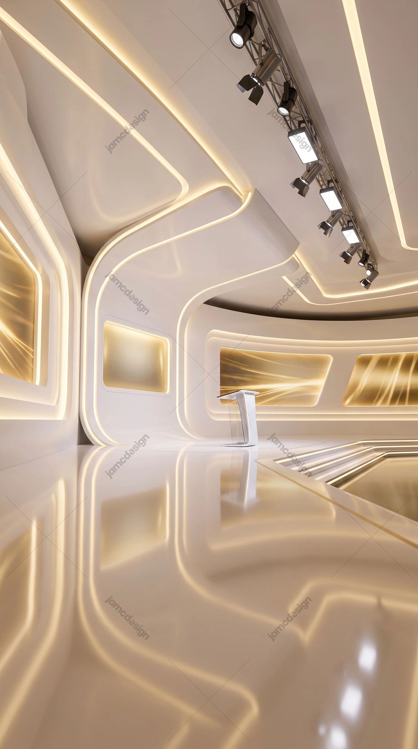 White And Gold Futuristic Interior Background. Download this JPG background of a white and gold futuristic interior, featuring curved illuminated panels