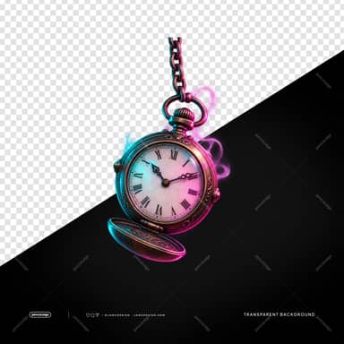 Vintage Pocket Watch With Chain And Cyan-Pink Glow PNG