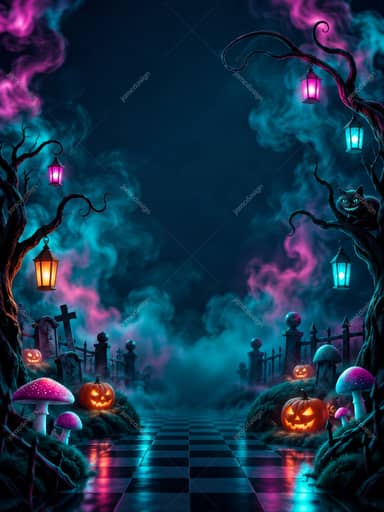Neon Halloween Forest Path With Glowing Lanterns PNG