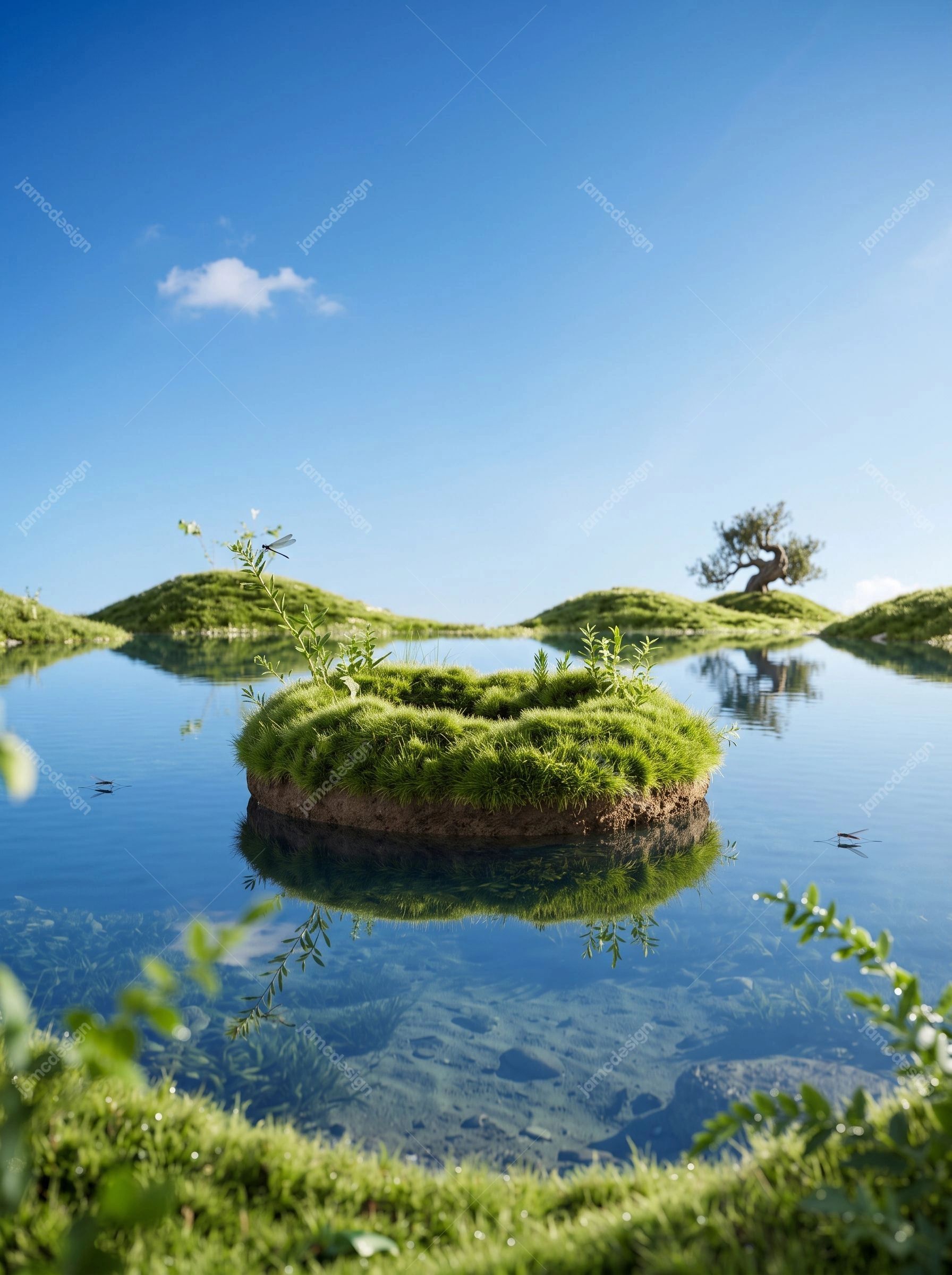 Lake Background With Floating Grass Island And Lone Tree. Download this JPG background of a serene floating grass island in a clear lake