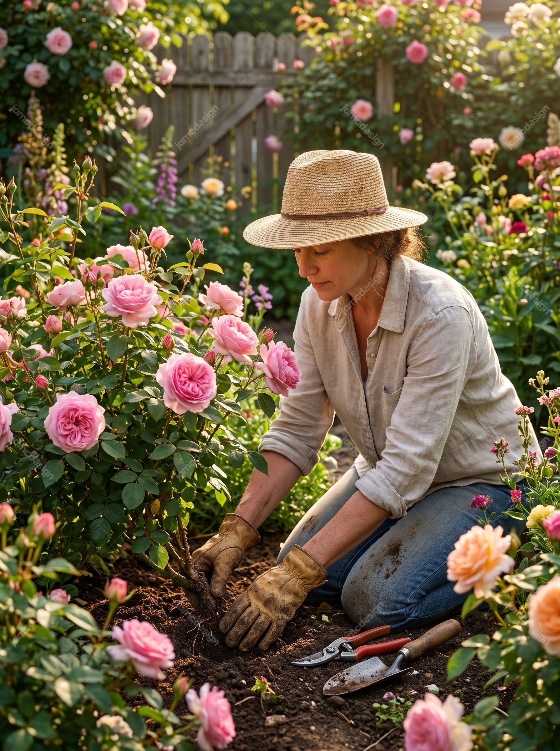 Woman Gardening And Caring For Pink Rose Bushes. JPG photo of a woman tending pink rose bushes in a flower filled garden