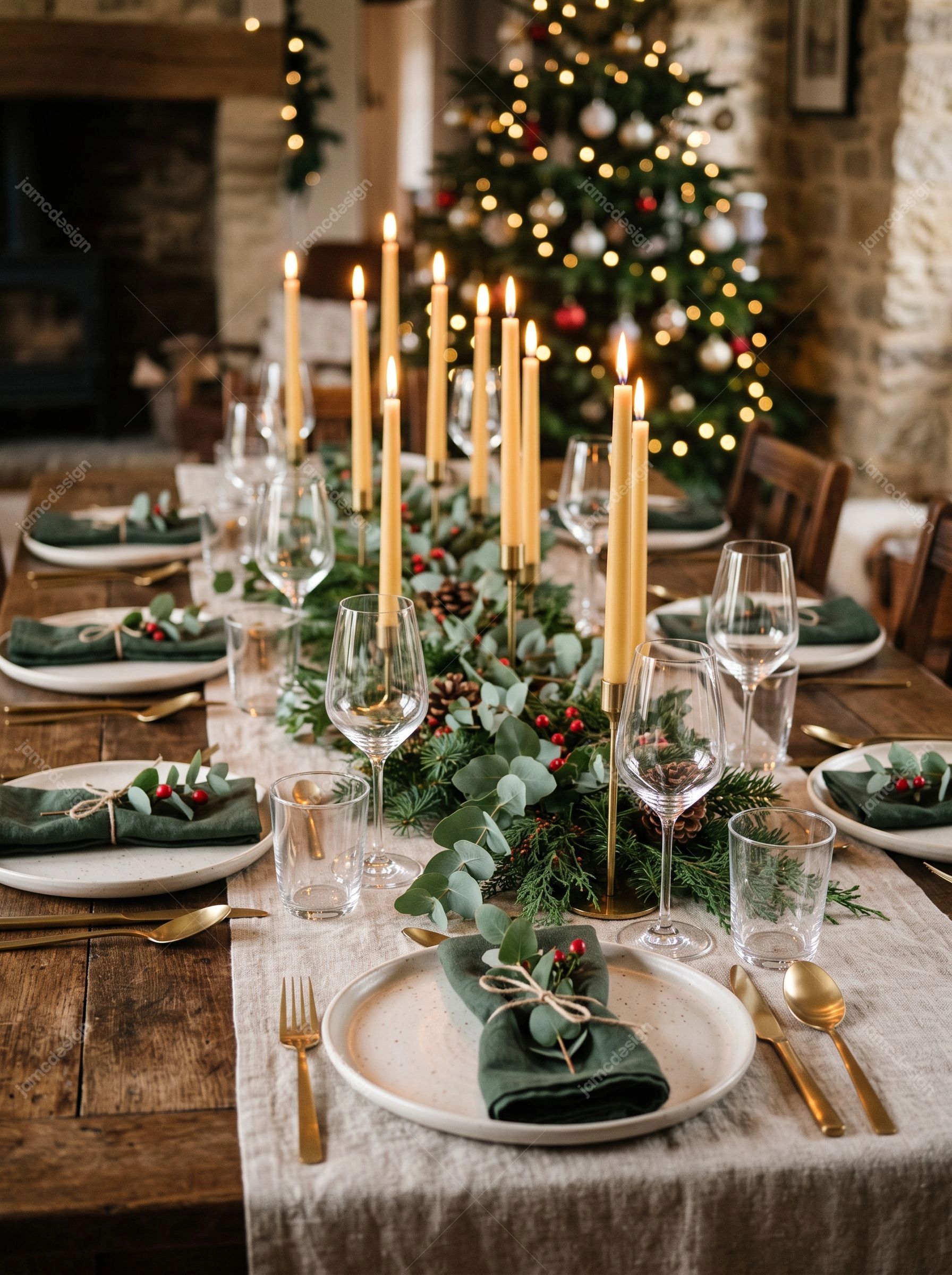 Elegant Christmas Dinner Table Photo With Taper Candles. Download this JPG photo of an elegant Christmas dinner table, featuring lit taper candles