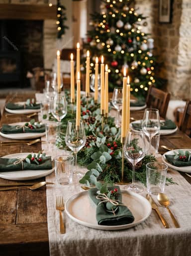 Elegant Christmas Dinner Table Photo With Taper Candles