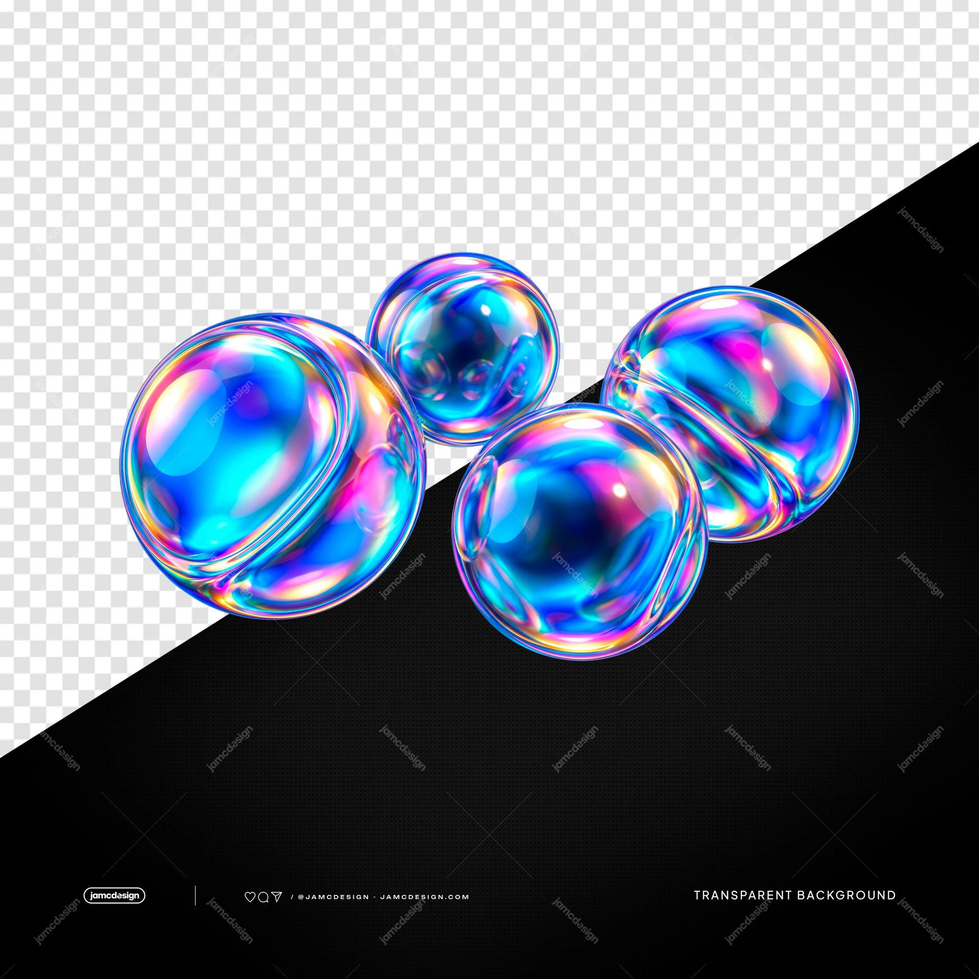 Iridescent Glass Spheres PNG. This transparent object PNG shows four glossy glass spheres with vivid iridescent colors and reflective surfaces