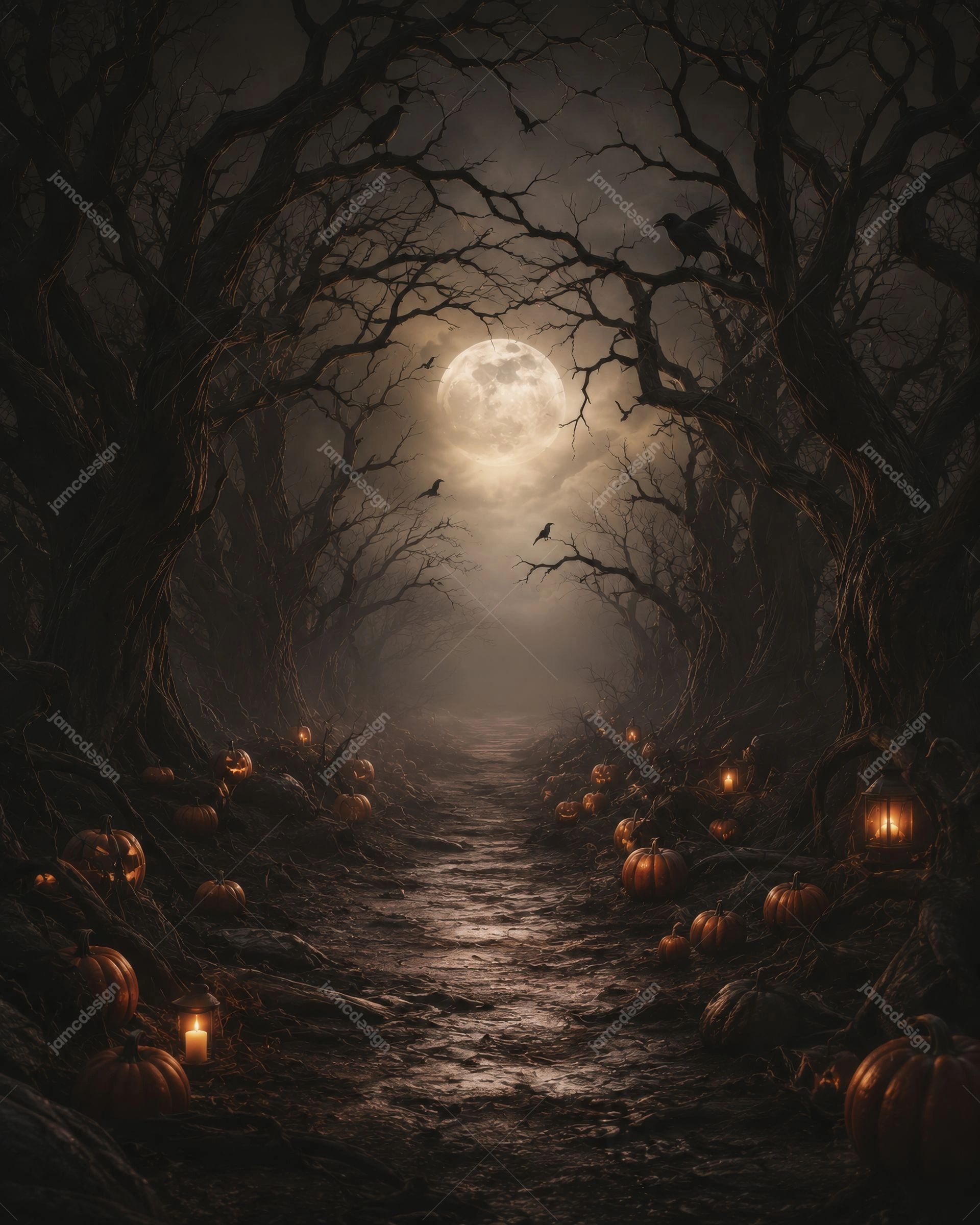 Dark Halloween Forest Path With Pumpkins Background. JPG background showing a moonlit forest path framed by twisted bare trees