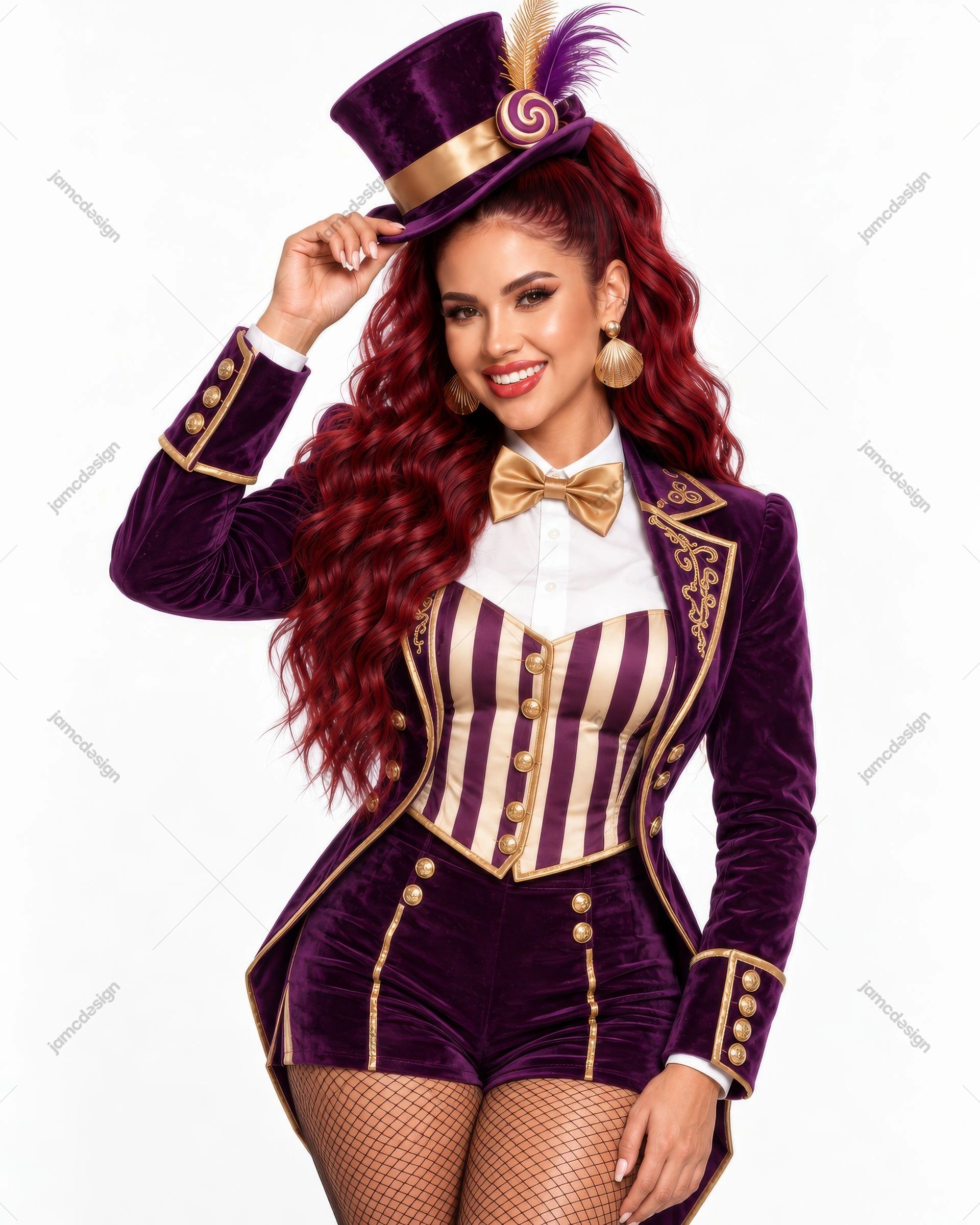Woman In Purple Magician Costume Portrait. JPG photo of a woman in an ornate purple magician costume with a top hat, gold trim and a white studio background