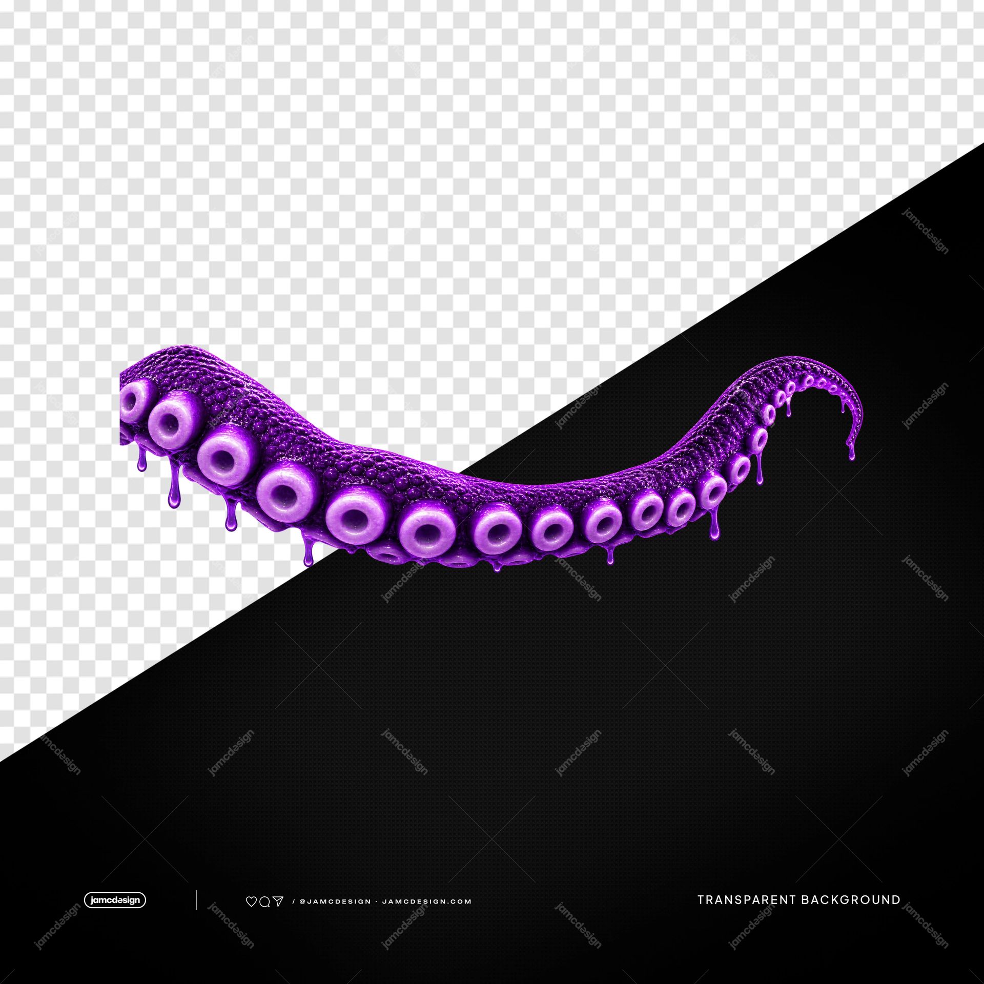 Purple Octopus Tentacle Border PNG. This PNG transparent object features a glossy purple tentacle curling into a border, lined with visible suction cups