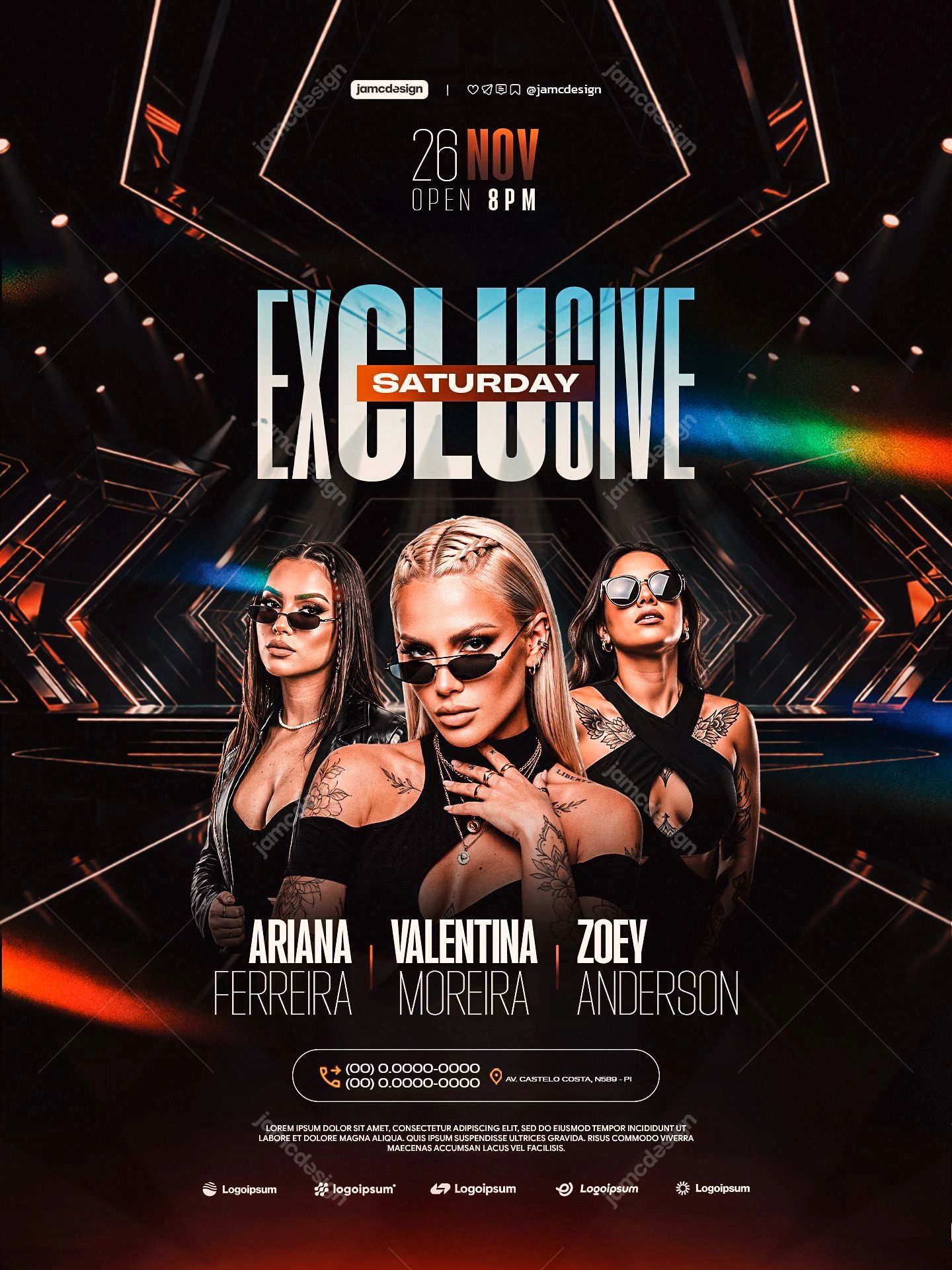 Dark Geometric Saturday Event Flyer Template PSD. Download this editable PSD event flyer featuring three women in sunglasses against a dark geometric backdrop