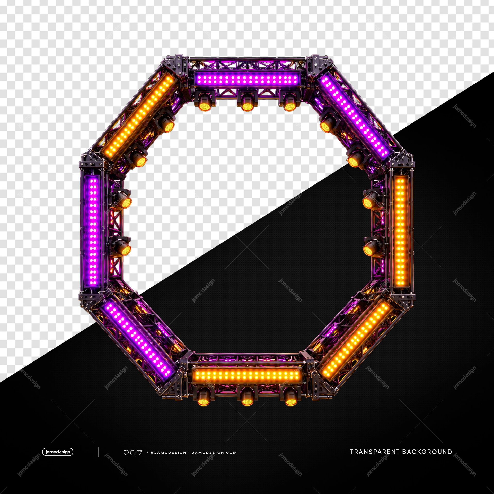 Octagonal Stage Truss With Neon Lights PNG. This PNG transparent object shows an octagonal metal stage truss lined with glowing magenta and amber lights