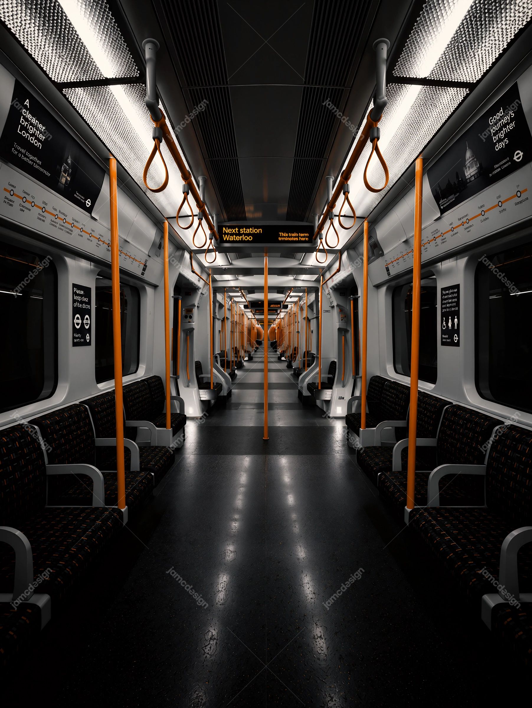 Empty Underground Train Interior With Black Seats Background PNG. Download this PNG background showing an empty underground train interior with black seats