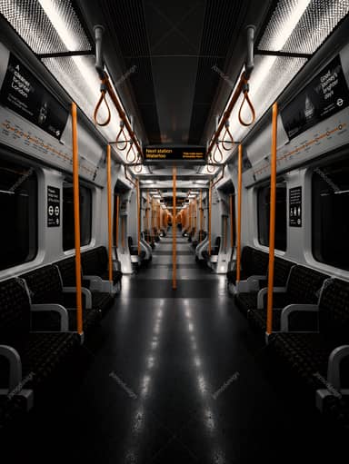 Empty Underground Train Interior With Black Seats Background PNG