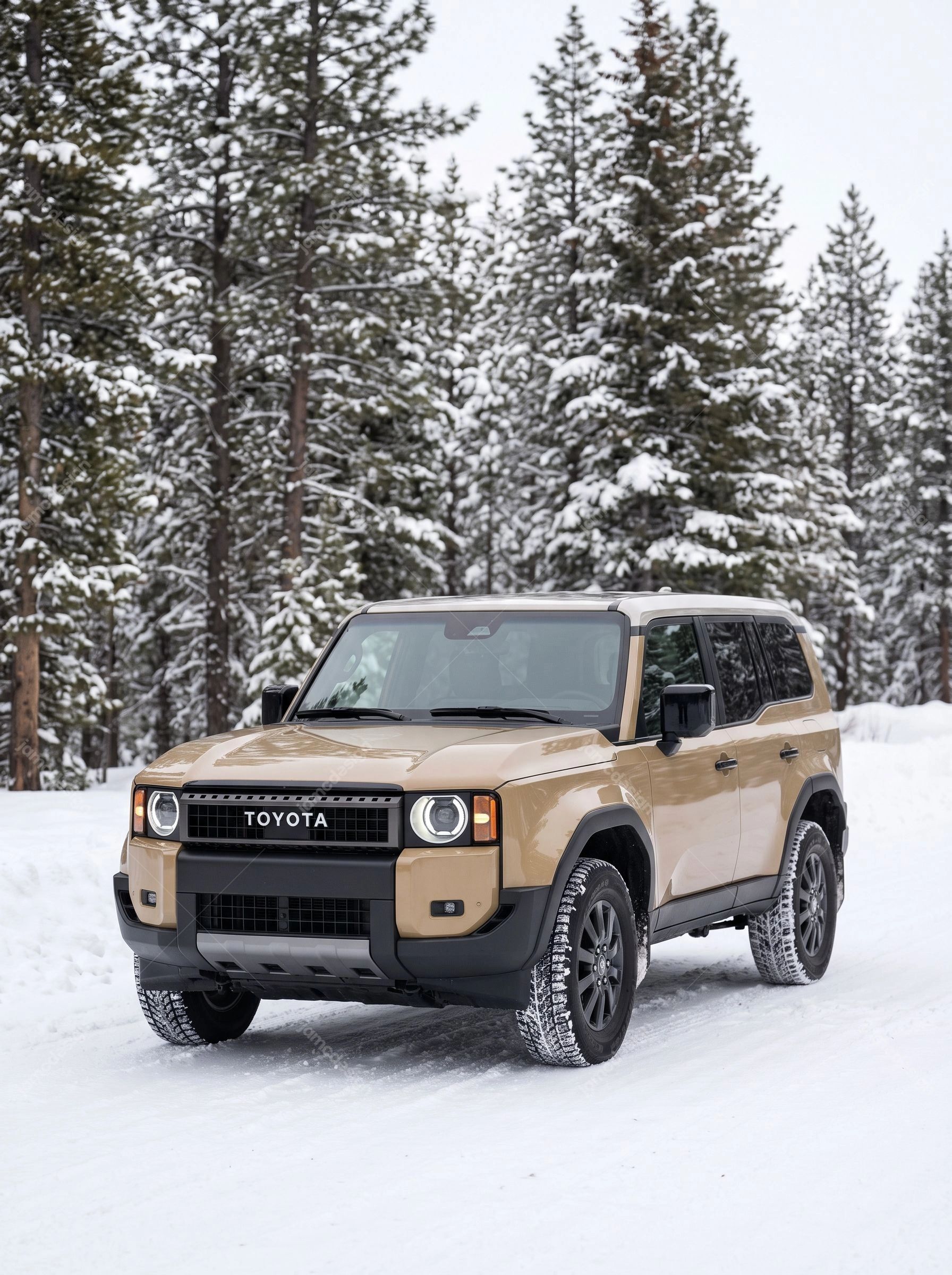 Sand Toyota Land Cruiser 250 In A Snowy Forest. This photorealistic JPG photo shows a sand colored Toyota SUV on a snowy track among snow covered pine trees