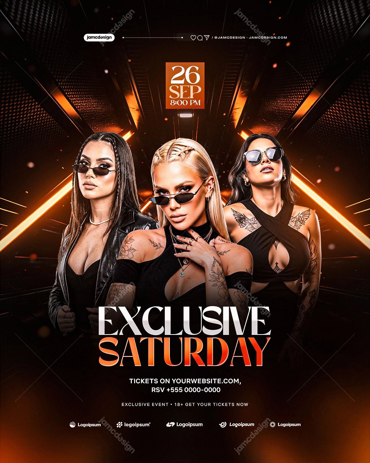 Saturday Night Event Flyer Template With Orange Beams PSD. Download this editable PSD event flyer template featuring three women in sunglasses
