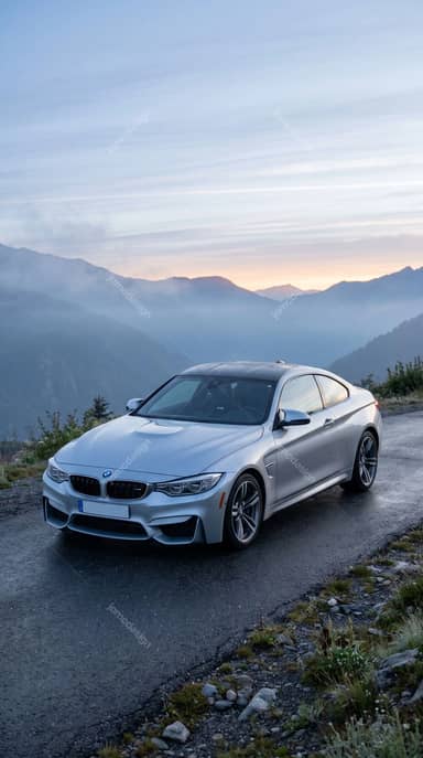 Silver BMW M4 On A Mountain Road At Dawn