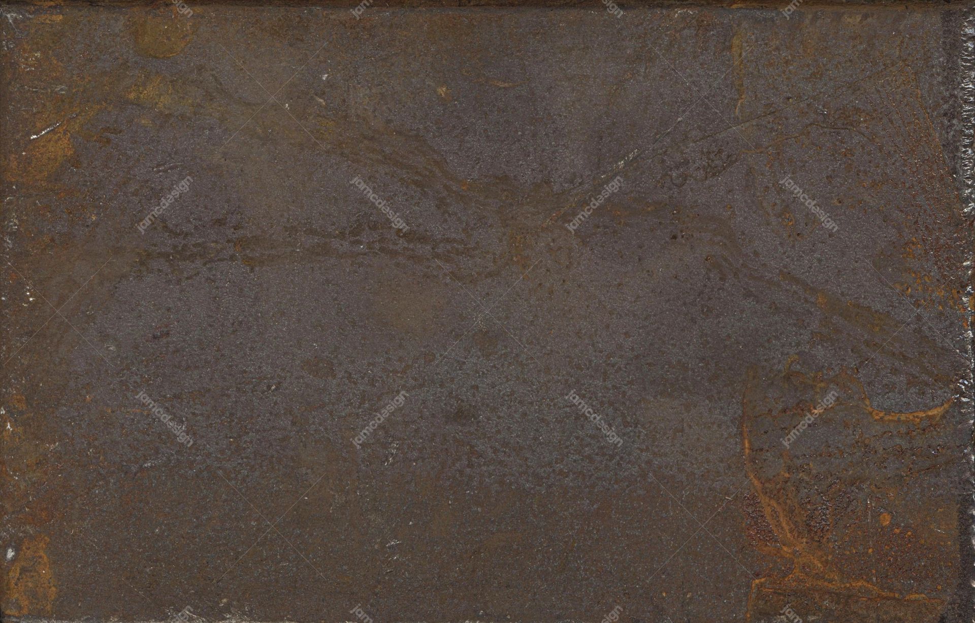 Dark Weathered Metal Texture. This JPG texture shows a dark, weathered metal surface with rusty brown mottling and thin golden vein like marks across a rough