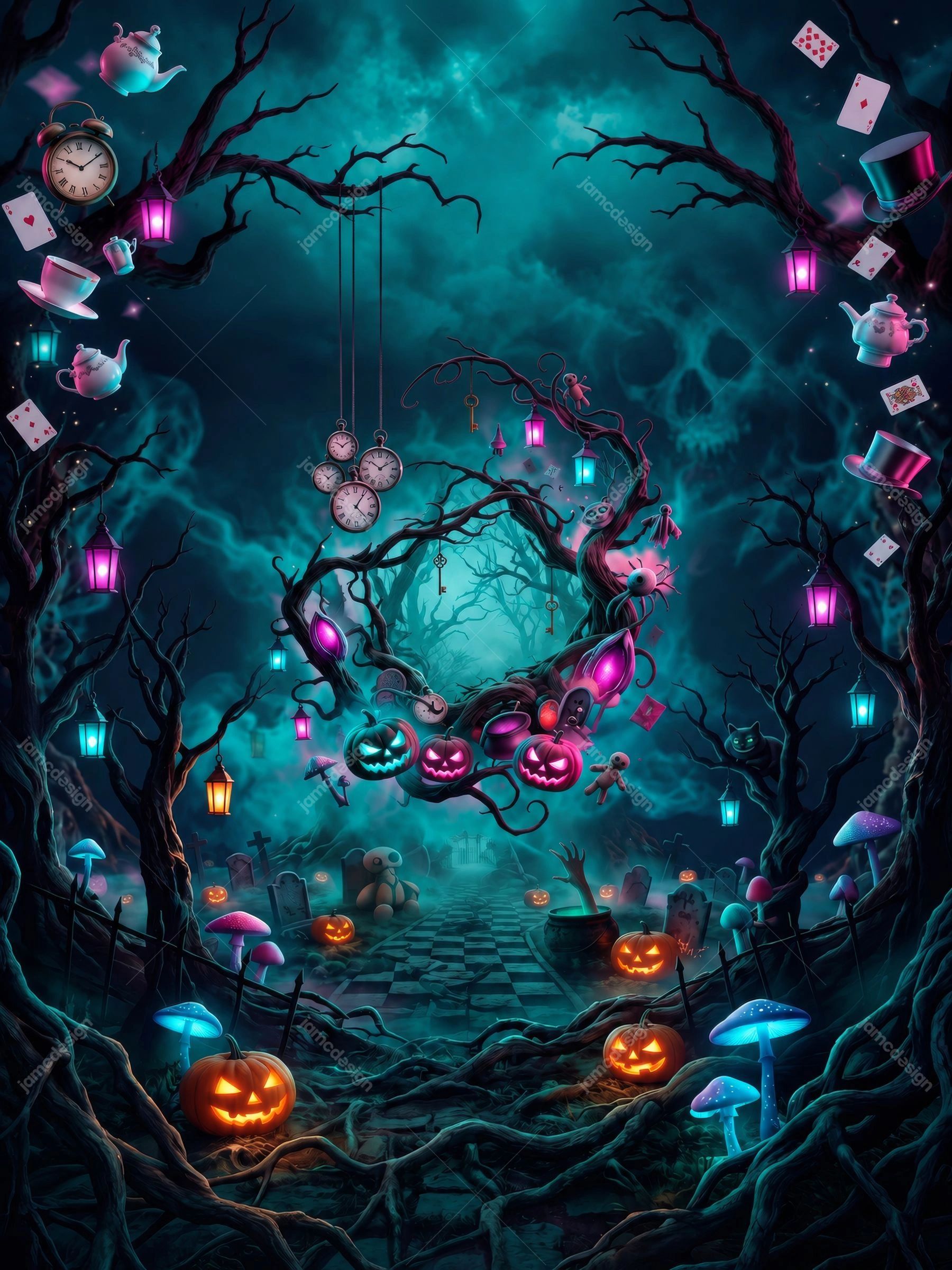 Halloween Forest Background With Luminous Portal. Download this JPG background featuring a dark fantasy Halloween forest with twisted trees, glowing lanterns
