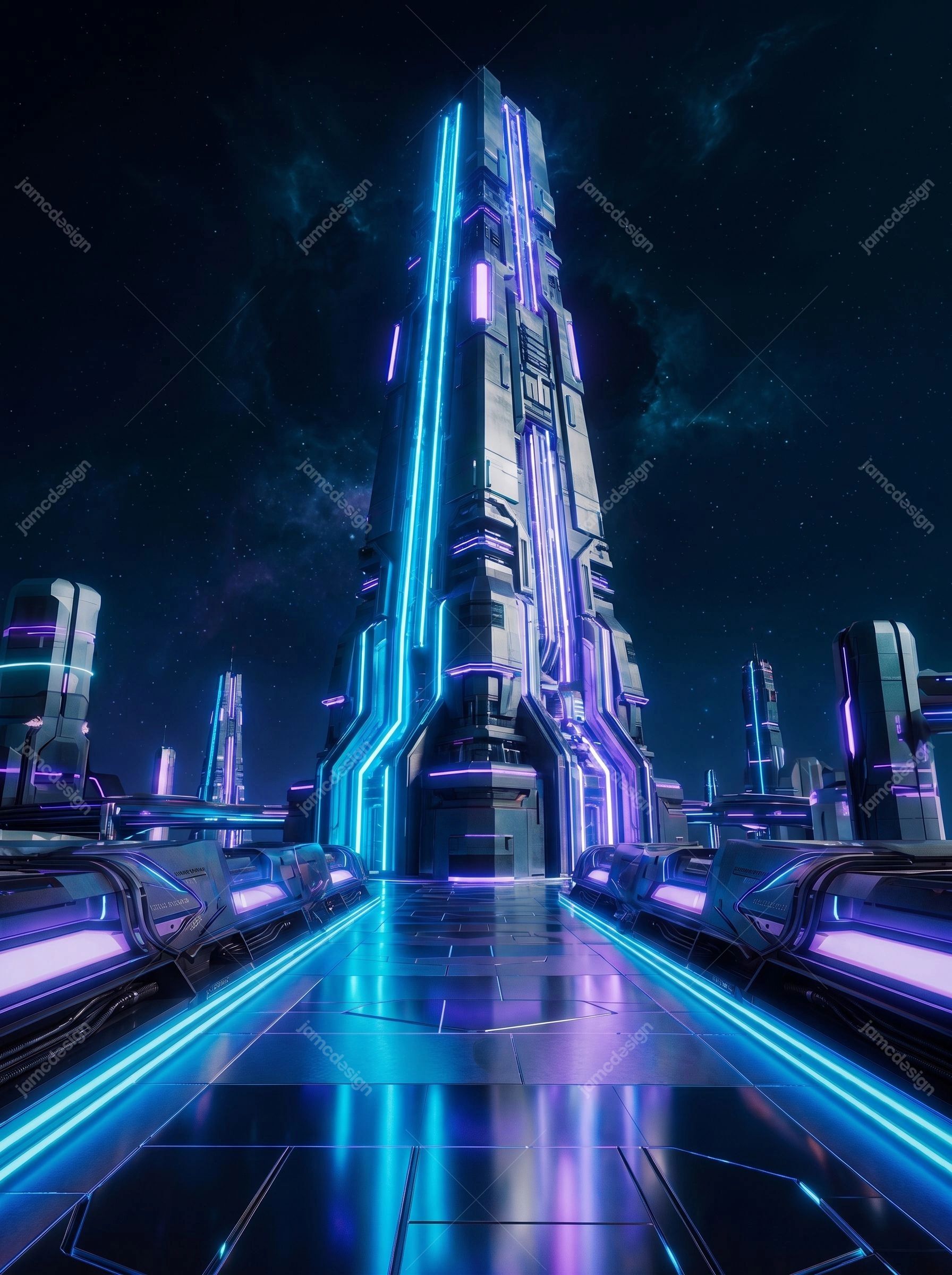 Futuristic Neon Obelisk Tower Background. Futuristic neon tower rendered as a JPG background, featuring a tall central obelisk outlined in glowing cyan
