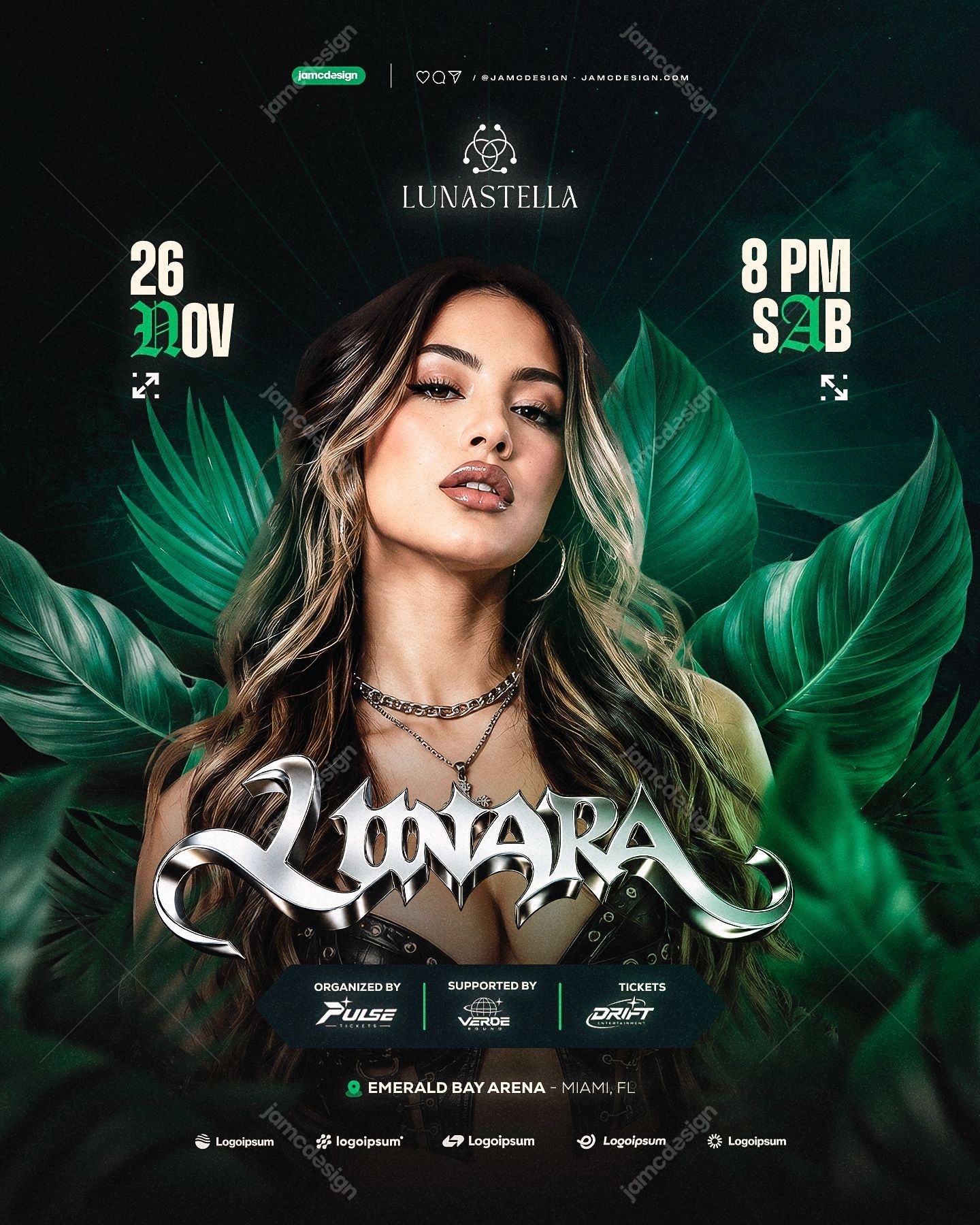 Modelo De Flyer De Concerto Com Folhas Tropicais PSD. Baixe este flyer de evento em PSD editável, com uma mulher emoldurada por grandes folhas tropicais
