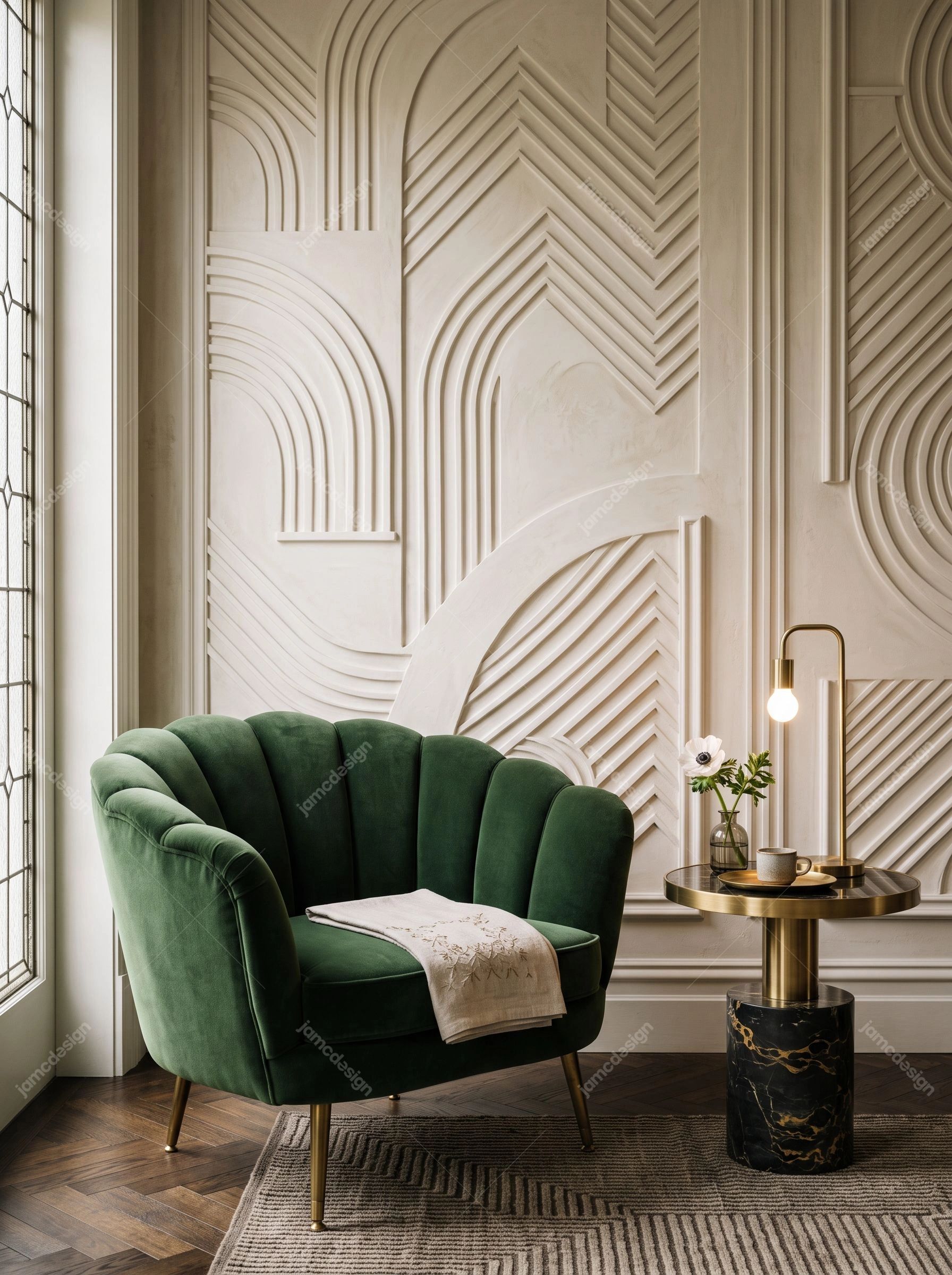 Neo Deco Interior With Green Velvet Armchair. JPG photo of an elegant interior with a deep green velvet armchair, sculpted geometric wall panels