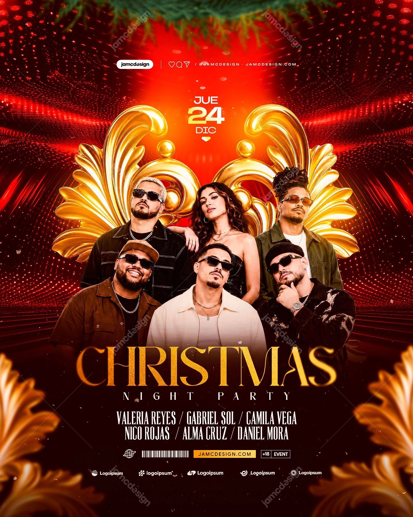 Red Christmas Night Party Flyer Template PSD. Download this PSD event flyer featuring a Christmas night party, a group of men and women
