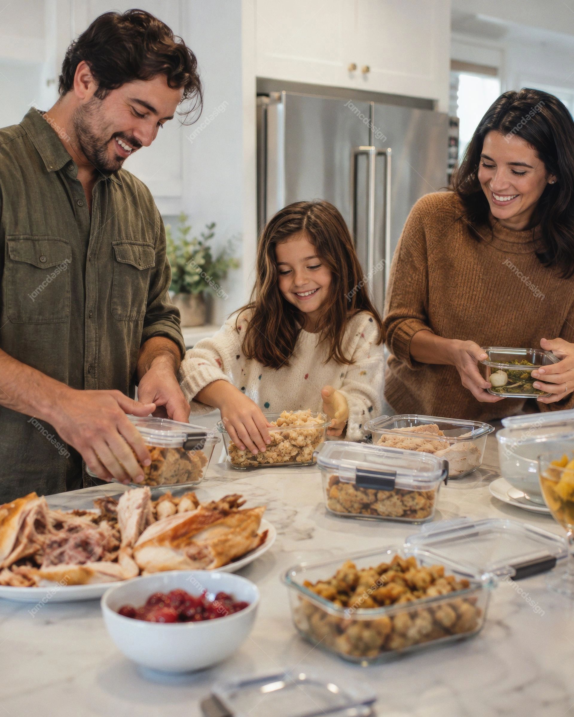 Familia Guardando Sobras De Acción De Gracias En La Cocina. Esta foto realista en JPG muestra a una familia guardando comida sobrante en recipientes dentro