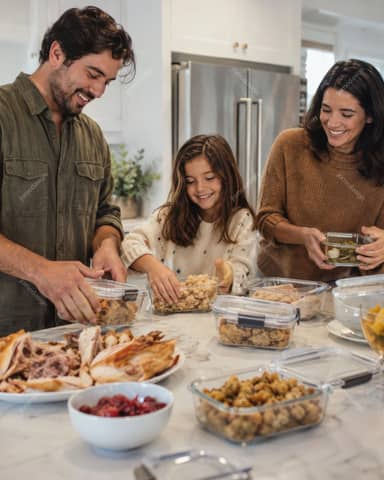 Family Packing Thanksgiving Leftovers In The Kitchen Photo