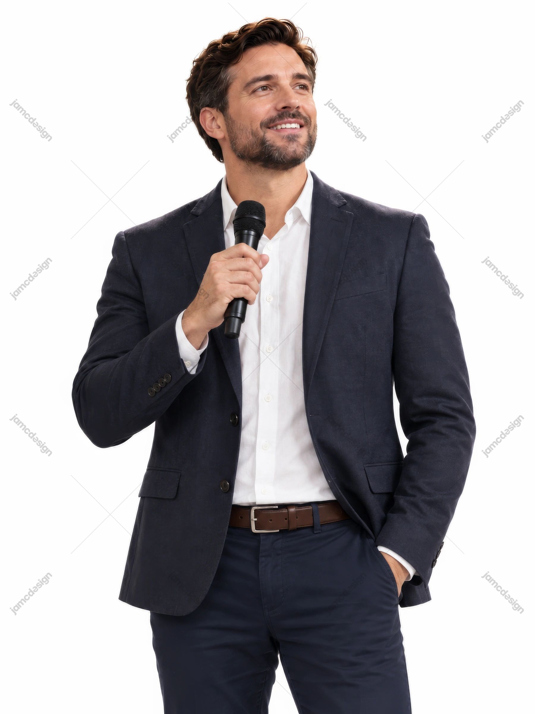 Man With Microphone On White Background Photo. This PNG photo shows a smiling male pastor in a dark suit holding a microphone against a plain white background