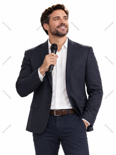 Man With Microphone On White Background Photo