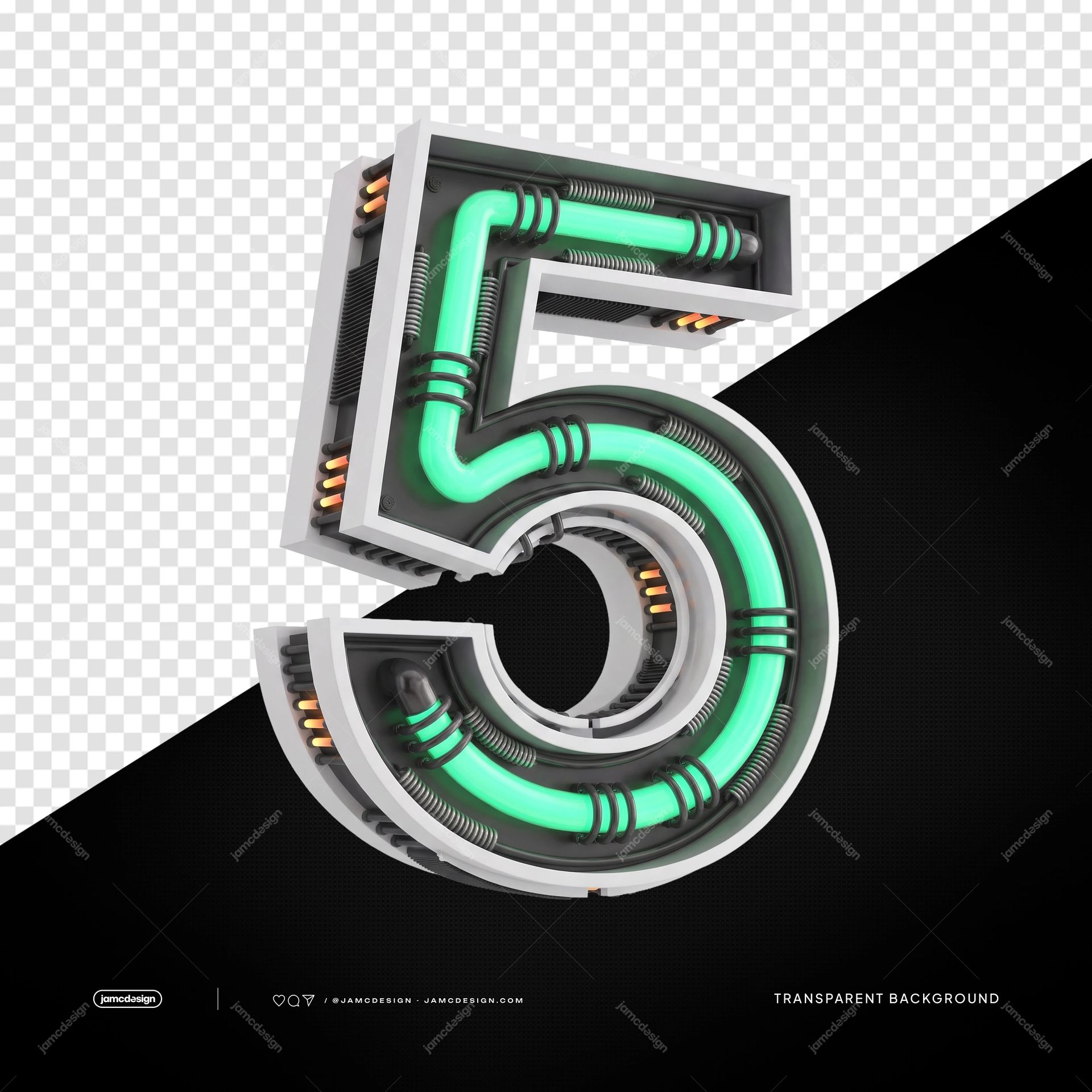 3D Futuristic Industrial Neon Number 5 PNG Transparent Background. 3D futuristic industrial number 5 produced as a PNG on a transparent background