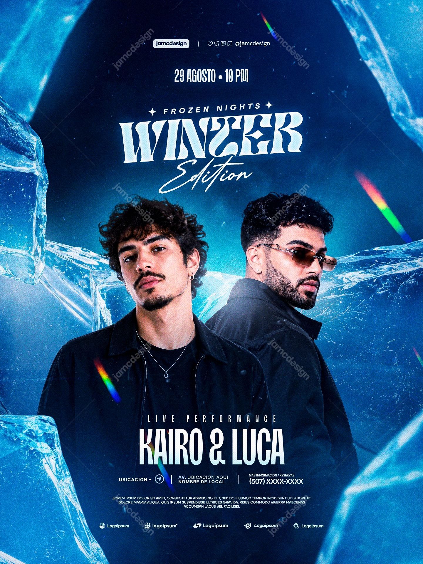 Frozen Night Winter Icy Male Portraits Flyer PSD. Editable PSD template for a winter nightlife event flyer
