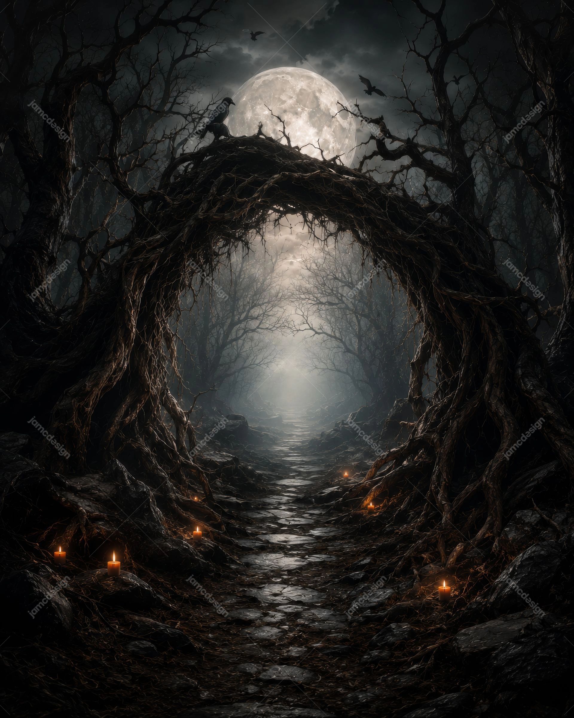 Dark Root Portal Full Moon Halloween Background. JPG background showing a dark fantasy forest with a massive root arch, full moon, misty path