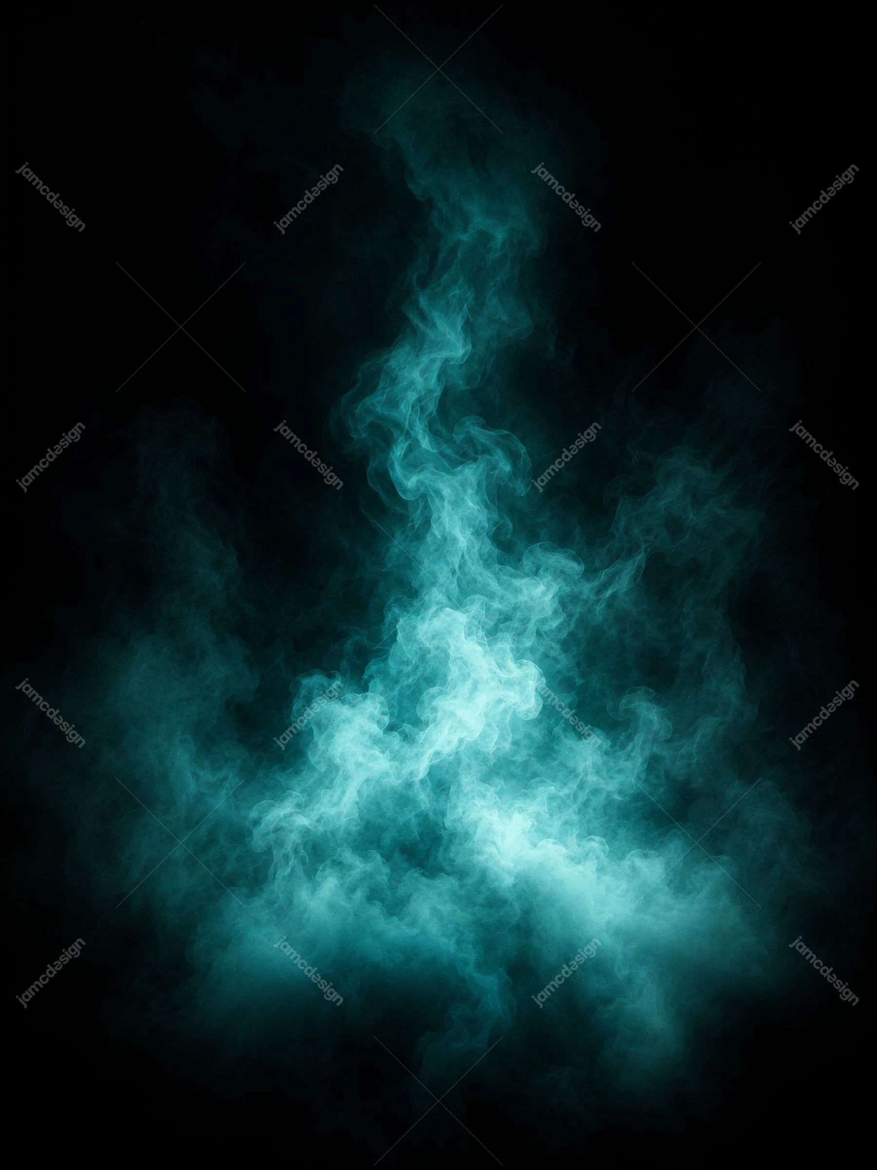 Luminous Teal Smoke Horizon Dark Background Vertical Cyan Vapor Glow. JPG overlay texture featuring luminous teal smoke rising through a nearly black scene