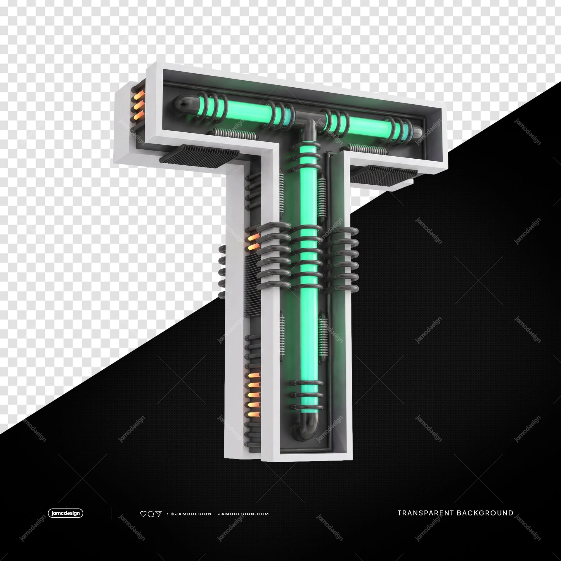 3D Futuristic Industrial Neon Letter T PNG Transparent Background. 3D rendered capital letter T supplied as a PNG with a transparent background