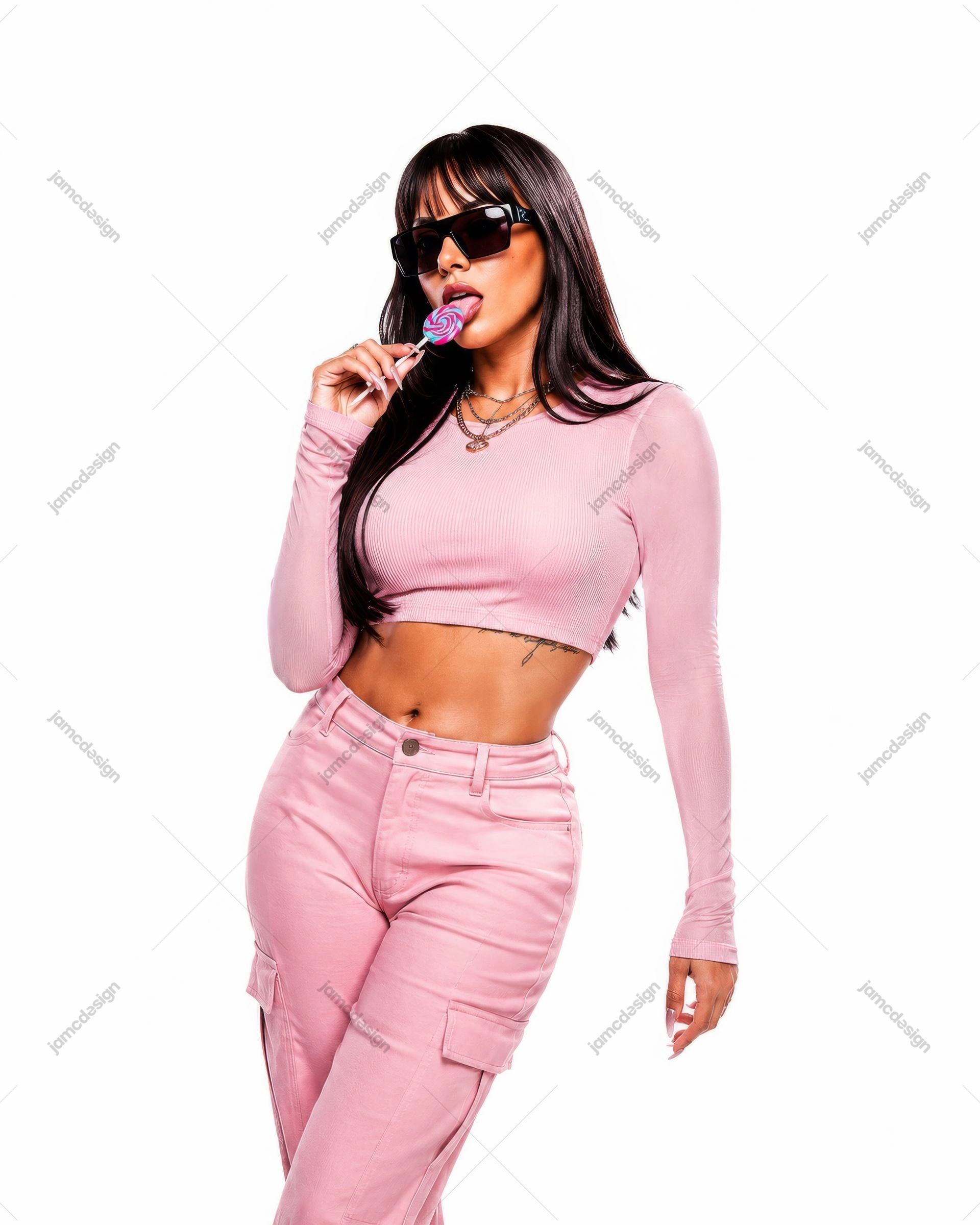 Woman In Pink Outfit With Lollipop And Sunglasses Photo. Photo of a woman in a pink ribbed long-sleeve crop top and pink cargo pants