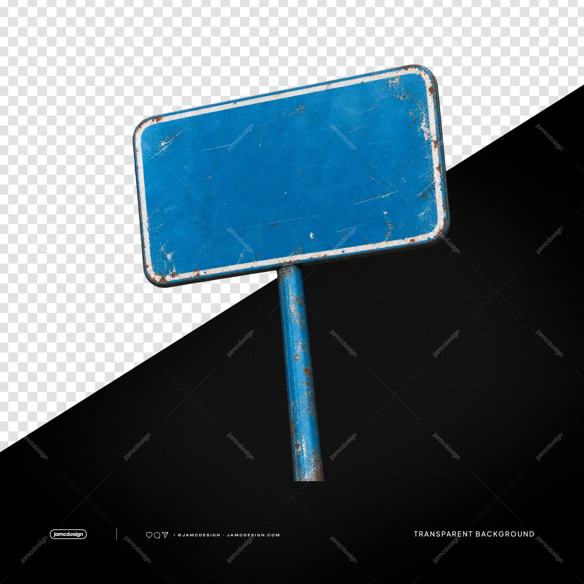 Weathered Blue Metal Sign PNG. This PNG transparent object shows a weathered blue metal sign on a matching post, with rounded corners