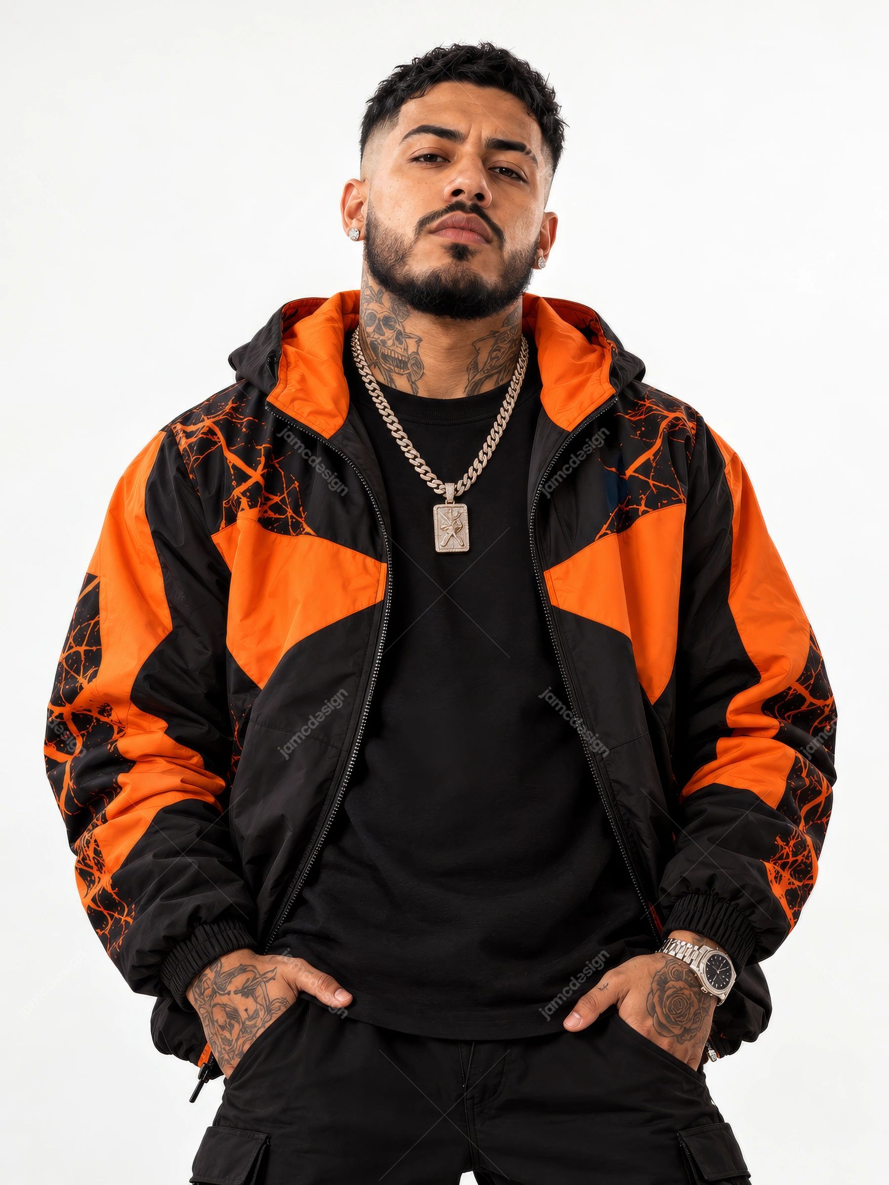 Tattooed Man In Black And Orange Jacket Portrait PNG. This PNG photo shows a tattooed male model in an orange and black jacket