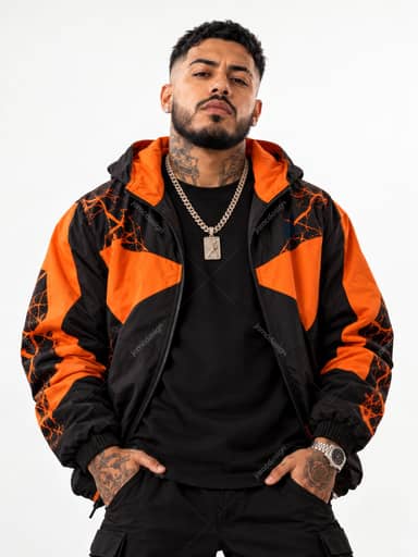Tattooed Man In Black And Orange Jacket Portrait PNG