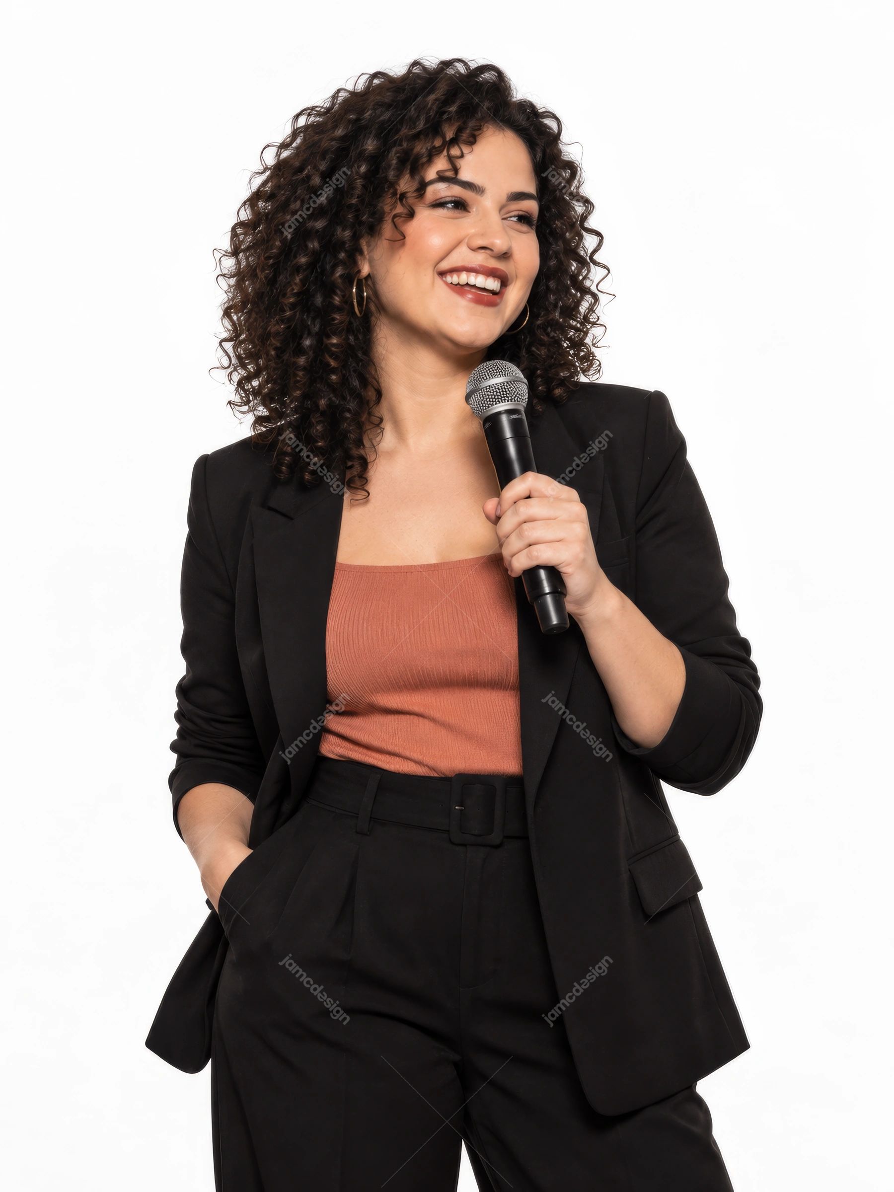 Smiling Woman Holding A Microphone PNG. This PNG photo features a smiling woman holding a microphone against a bright white studio background