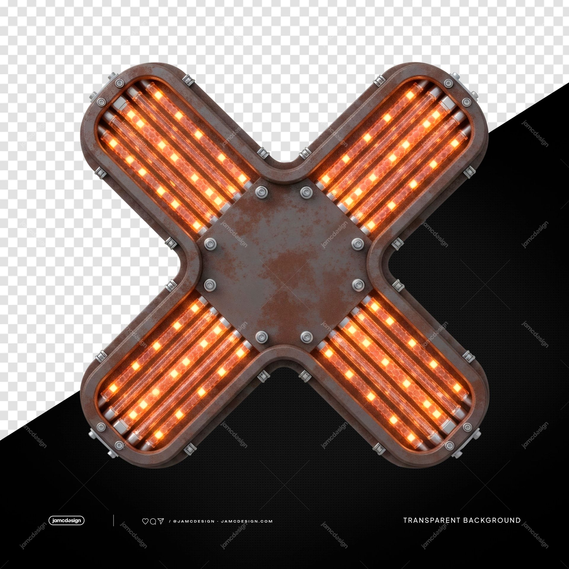 Industrial Orange LED X Light Vivid Lamp PNG Transparent. Industrial X shaped LED lamp supplied as a PNG transparent object