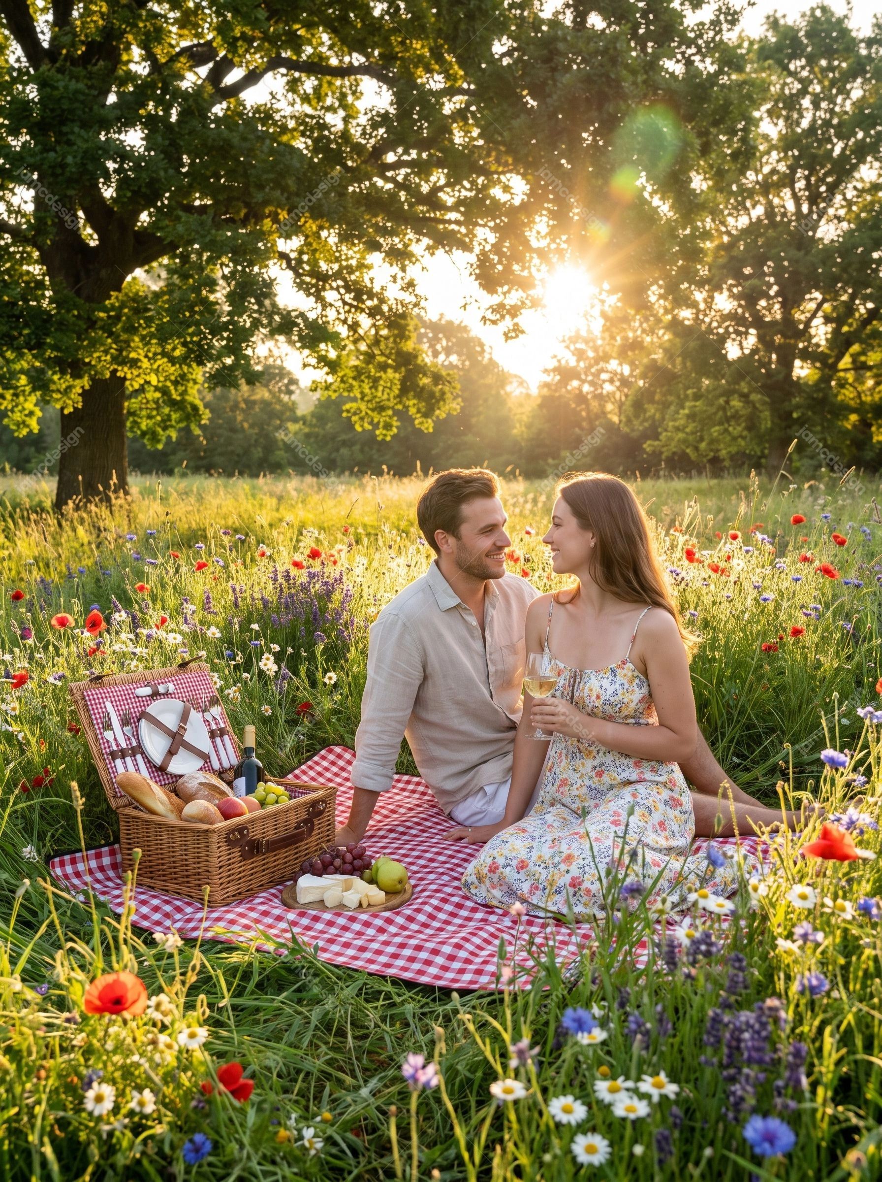 Romantic Couple Picnic In Wildflower Meadow At Sunset. JPG photo of a romantic couple sharing a picnic in a wildflower meadow at sunset