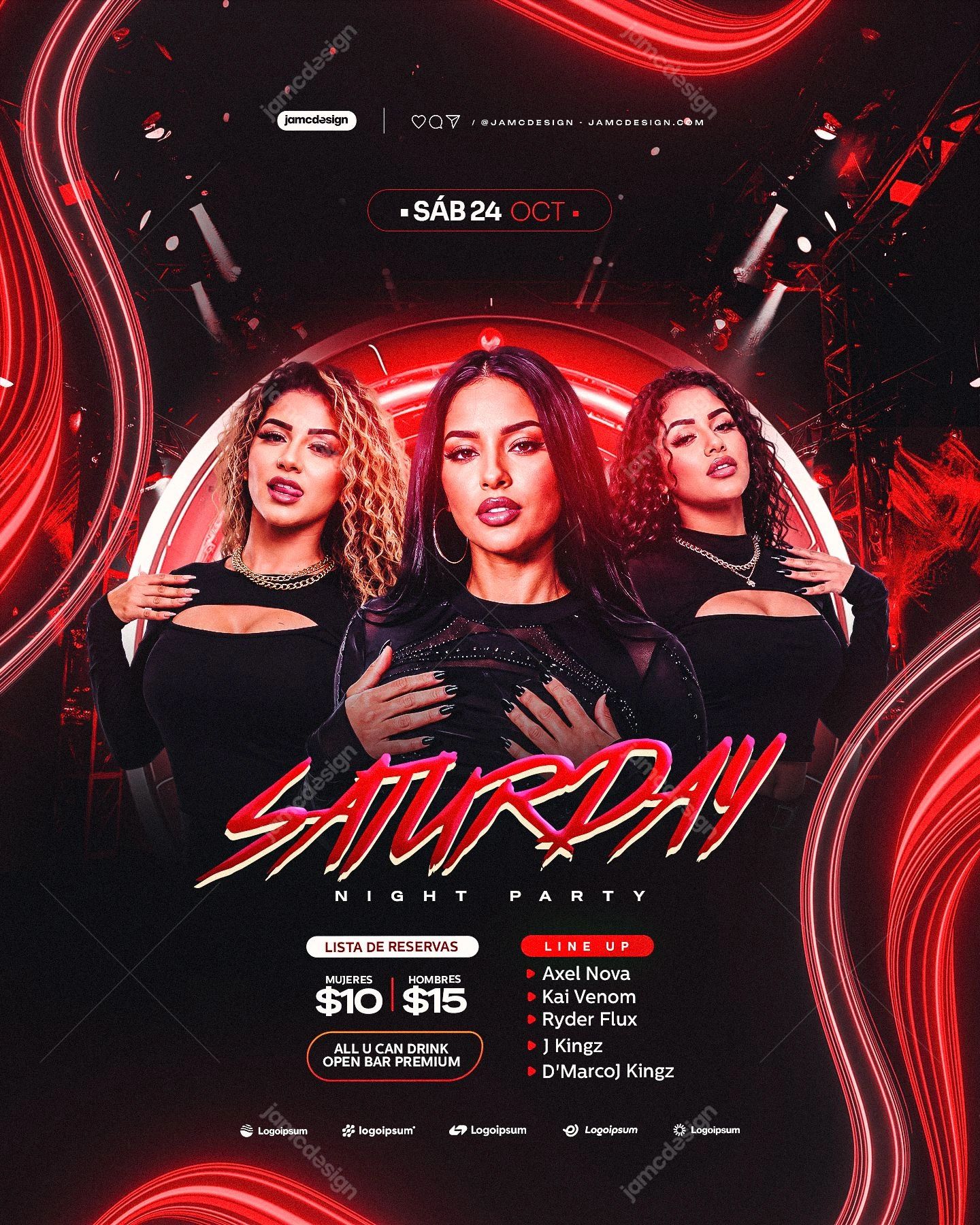 Nightlife Party Flyer With Red Neon Curves PSD. Download this editable PSD event flyer template featuring three women in black outfits